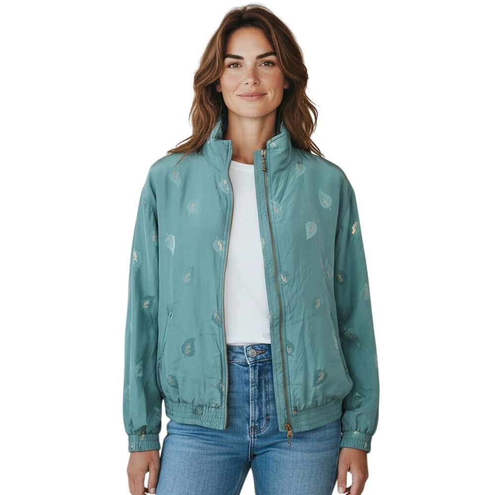 Vintage EVR Silk Windbreaker Jacket PM Teal Green Gold Leaf 90s Full Zip Petite